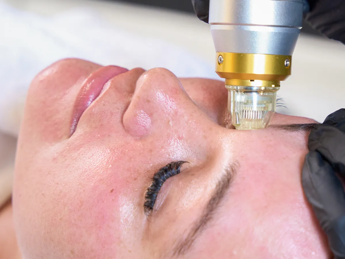 Close-up of the radiofrequency microneedling handpiece on the forehead