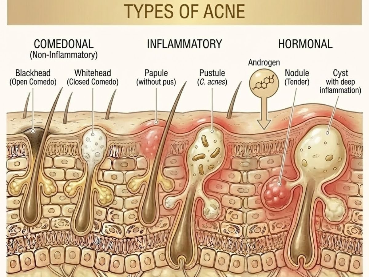 Illustration of the types of acne in the skin: blackheads and whiteheads (comedonal), papules and pustules (inflammatory), and deeper nodules and cysts